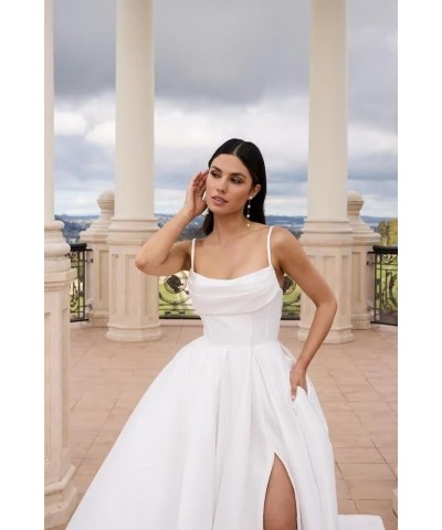 Spaghetti Straps Satin Pleated Prom Dresses A Line Side Split Ball Gowns Party Dress for Women RS080 Lilac $33.00 Dresses