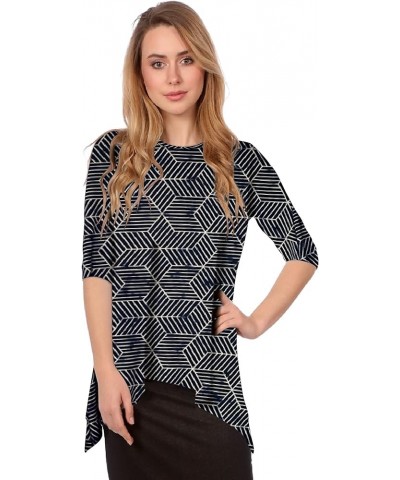 Women’s High Neck Tunic Top with Three Quarter Sleeve and Handkerchief Hem Modest Black / Beige Geolines $20.24 Tops