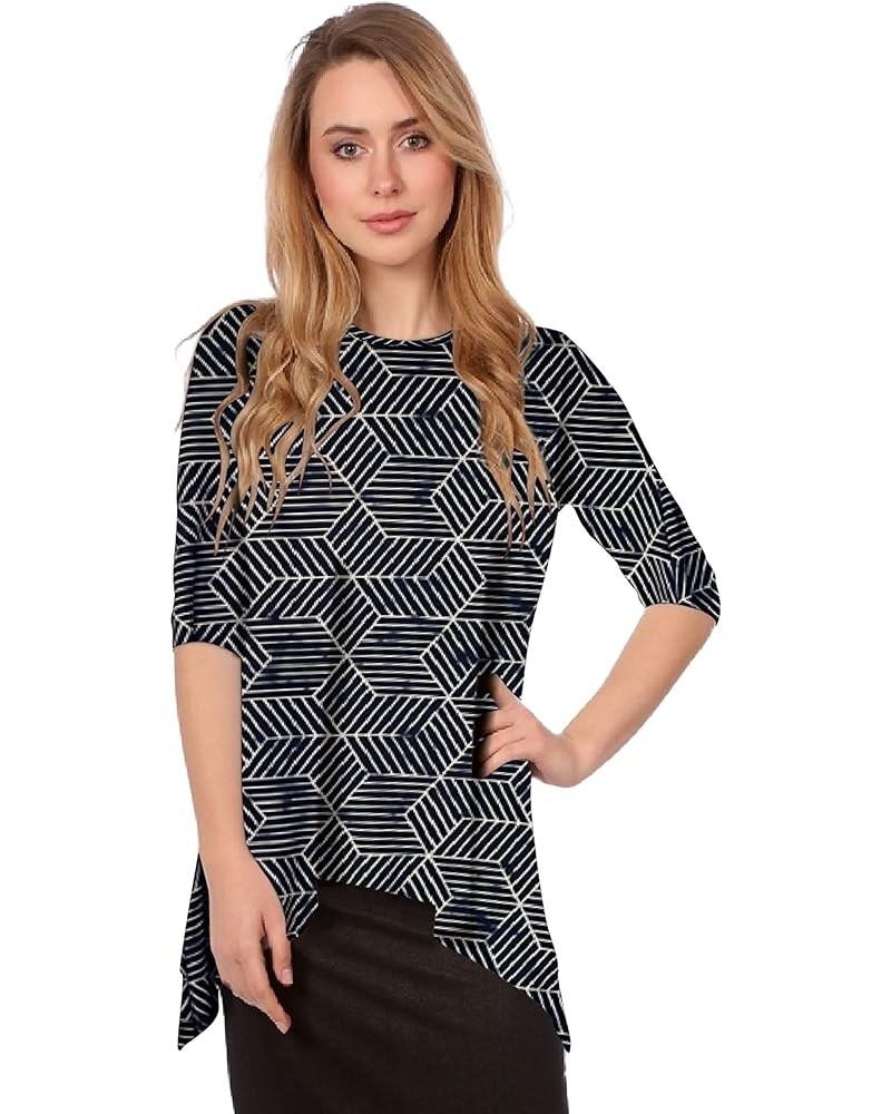 Women’s High Neck Tunic Top with Three Quarter Sleeve and Handkerchief Hem Modest Black / Beige Geolines $20.24 Tops