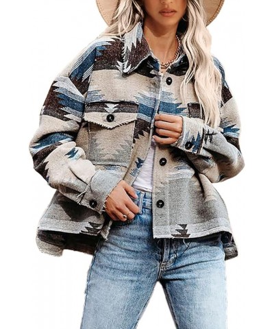 Women's Aztec Shacket Long Sleeve Button Down Collared Shirt Jacket Tops with Pockets Grey $20.24 Jackets