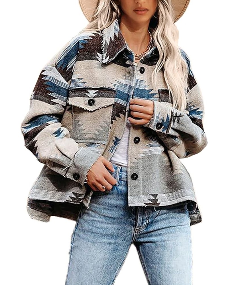 Women's Aztec Shacket Long Sleeve Button Down Collared Shirt Jacket Tops with Pockets Grey $20.24 Jackets