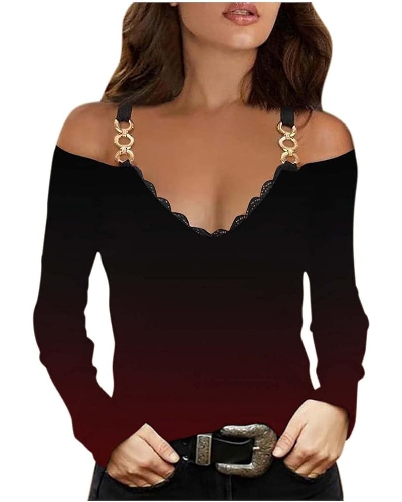 Cute Tops for Women Off Shoulder V-Neck Lace Trim Comfy Long Sleeve Tunic Casual T Shirts Fall Outfits Slim Blouses Sexylacet...