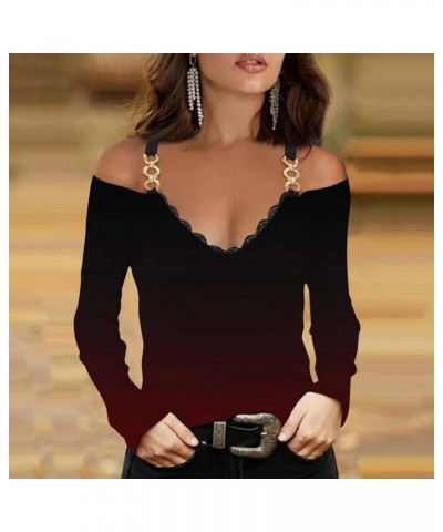 Cute Tops for Women Off Shoulder V-Neck Lace Trim Comfy Long Sleeve Tunic Casual T Shirts Fall Outfits Slim Blouses Sexylacet...