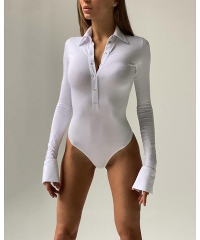 Women's Sexy Collar Button Down Long Sleeve V Neck Tank Leotard Tops Bodysuits White $10.79 Bodysuits