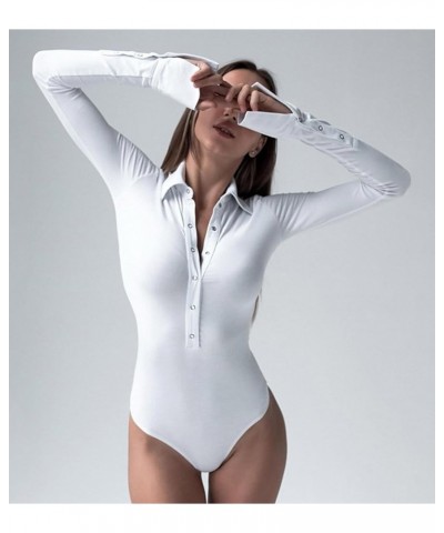 Women's Sexy Collar Button Down Long Sleeve V Neck Tank Leotard Tops Bodysuits White $10.79 Bodysuits