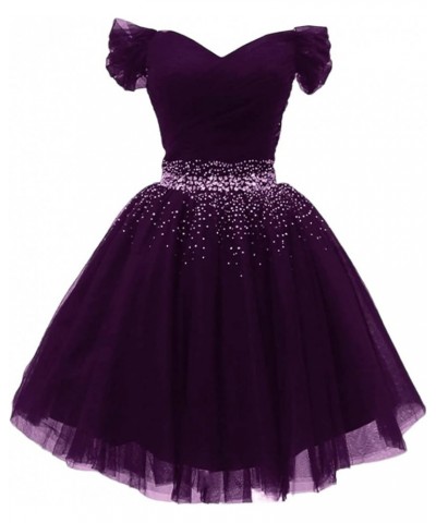 Off Shoulder Tulle Homecoming Dresses for Teens A-line Beaded Short Prom Cocktail Party Dress Plum $32.63 Dresses