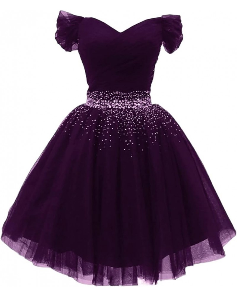 Off Shoulder Tulle Homecoming Dresses for Teens A-line Beaded Short Prom Cocktail Party Dress Plum $32.63 Dresses