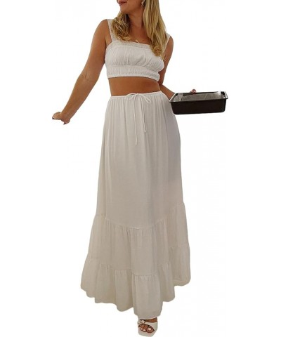 Women Summer 2pcs Skirts Outfits Y2k Crop Tank Tops High Waist Maxi Skirts Matching Sets Casual Beach Wear Lace Trim White $1...