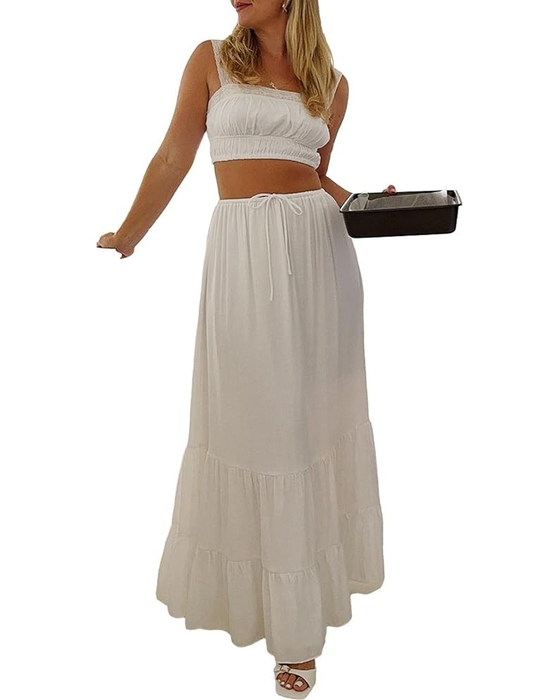 Women Summer 2pcs Skirts Outfits Y2k Crop Tank Tops High Waist Maxi Skirts Matching Sets Casual Beach Wear Lace Trim White $1...