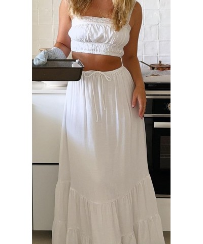 Women Summer 2pcs Skirts Outfits Y2k Crop Tank Tops High Waist Maxi Skirts Matching Sets Casual Beach Wear Lace Trim White $1...