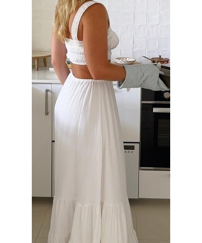 Women Summer 2pcs Skirts Outfits Y2k Crop Tank Tops High Waist Maxi Skirts Matching Sets Casual Beach Wear Lace Trim White $1...