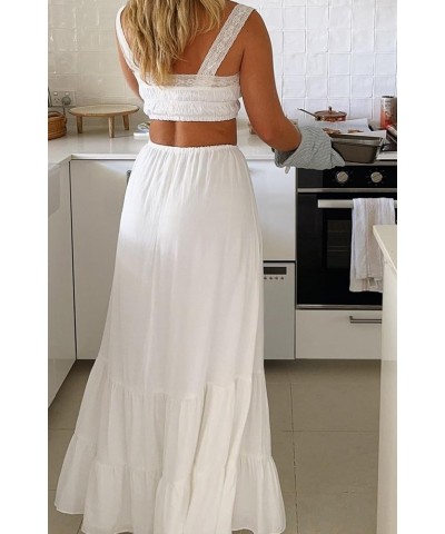 Women Summer 2pcs Skirts Outfits Y2k Crop Tank Tops High Waist Maxi Skirts Matching Sets Casual Beach Wear Lace Trim White $1...