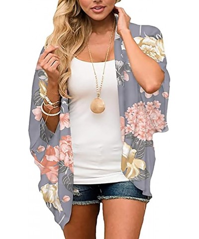 Womens Floral Chiffon Kimono Cardigans Loose Beach Cover Up Half Sleeve Tops 01h Floral Grey $8.69 Swimsuits