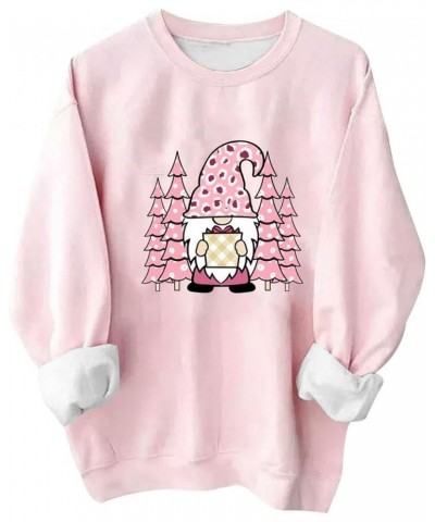 Pink Christmas Sweatshirts for Women Funny Cute Gnomes Santa Oversized Long Sleeve Shirts Vacation Pullovers Xmas Gift 012 Pi...