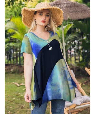 Plus Size Tops for Women V Neck Summer Shirt Short Sleeve Blouses Patchwork Tunics T04-blue/Navyblue $10.44 Tops