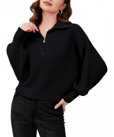 Womens Half Zip Long Sleeve Sweaters V Neck Collar Lantern Sleeve Ribbed Knit Pullover Sweater Fall Jumper Tops Black $9.68 S...