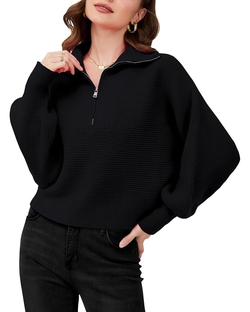 Womens Half Zip Long Sleeve Sweaters V Neck Collar Lantern Sleeve Ribbed Knit Pullover Sweater Fall Jumper Tops Black $9.68 S...