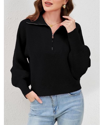 Womens Half Zip Long Sleeve Sweaters V Neck Collar Lantern Sleeve Ribbed Knit Pullover Sweater Fall Jumper Tops Black $9.68 S...