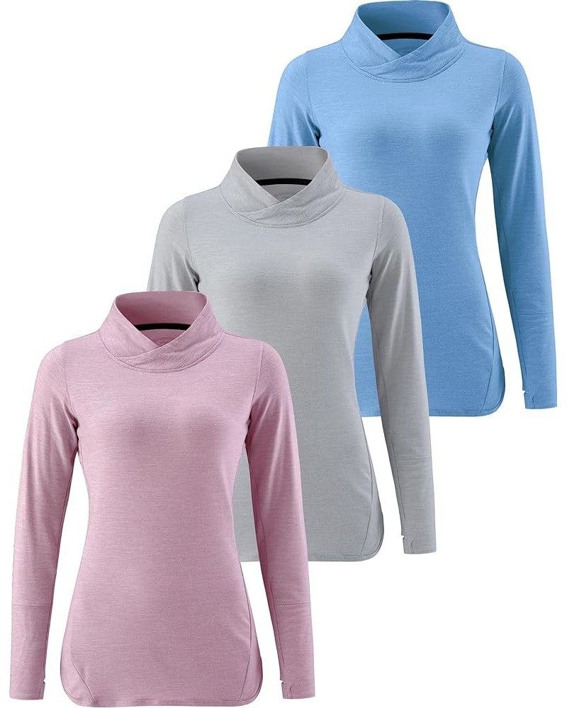 3 Pack Women's Thermal Fleece Mock Neck Sweatshirts, Athletic Long Sleeve Pullover Tops Sweat Shirts Gray/Baby Blue/Light Pin...