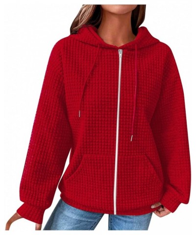 Womens Hoodies Zip Up Quilted Pattern Solid Color Sweatshirts With Pockets Loose Comfy Thin Teen Girls Clothes 07 Red $14.35 ...