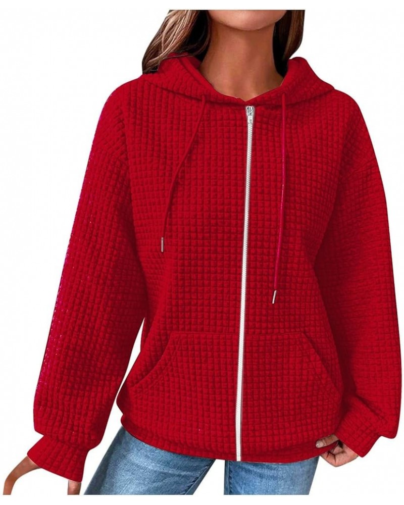 Womens Hoodies Zip Up Quilted Pattern Solid Color Sweatshirts With Pockets Loose Comfy Thin Teen Girls Clothes 07 Red $14.35 ...