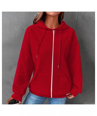 Womens Hoodies Zip Up Quilted Pattern Solid Color Sweatshirts With Pockets Loose Comfy Thin Teen Girls Clothes 07 Red $14.35 ...