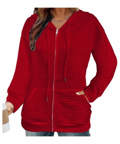 Womens Hoodies Zip Up Quilted Pattern Solid Color Sweatshirts With Pockets Loose Comfy Thin Teen Girls Clothes 07 Red $14.35 ...