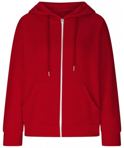 Womens Hoodies Zip Up Quilted Pattern Solid Color Sweatshirts With Pockets Loose Comfy Thin Teen Girls Clothes 07 Red $14.35 ...