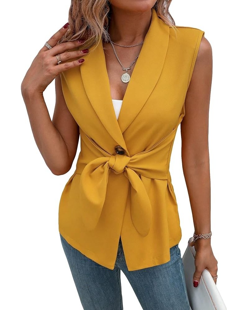 Women's Shawl Collar Sleeveless Button Front Office Vest Blazer Jacket Yellow $10.59 Vests