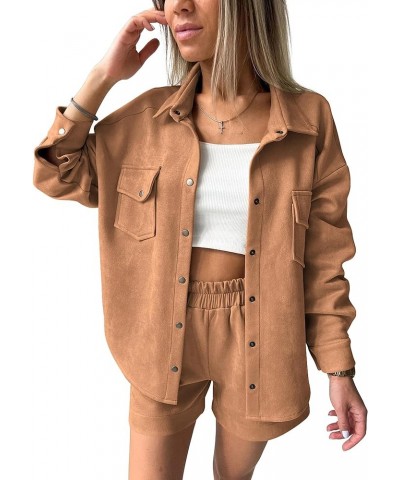 Womens Fall Fashion 2024 Two Piece Outfits Casual Tracksuit Suede Long Sleeve Shirt Jacket And Shorts Set Camel $10.79 Active...