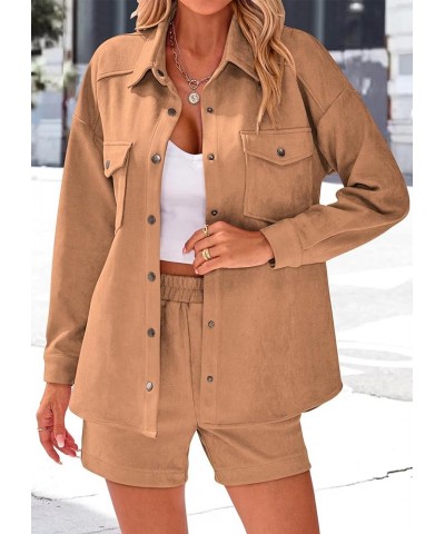 Womens Fall Fashion 2024 Two Piece Outfits Casual Tracksuit Suede Long Sleeve Shirt Jacket And Shorts Set Camel $10.79 Active...