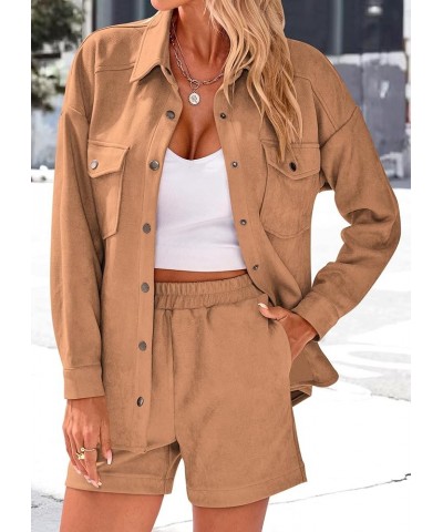 Womens Fall Fashion 2024 Two Piece Outfits Casual Tracksuit Suede Long Sleeve Shirt Jacket And Shorts Set Camel $10.79 Active...