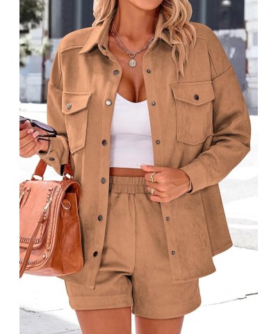 Womens Fall Fashion 2024 Two Piece Outfits Casual Tracksuit Suede Long Sleeve Shirt Jacket And Shorts Set Camel $10.79 Active...