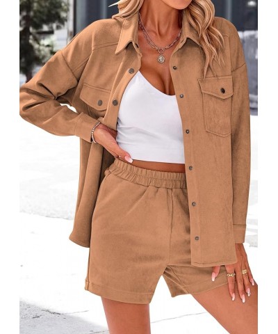 Womens Fall Fashion 2024 Two Piece Outfits Casual Tracksuit Suede Long Sleeve Shirt Jacket And Shorts Set Camel $10.79 Active...