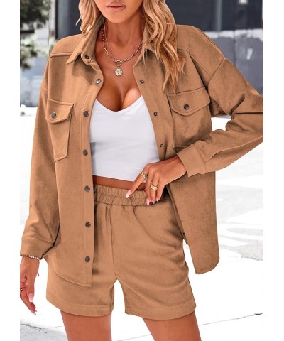 Womens Fall Fashion 2024 Two Piece Outfits Casual Tracksuit Suede Long Sleeve Shirt Jacket And Shorts Set Camel $10.79 Active...