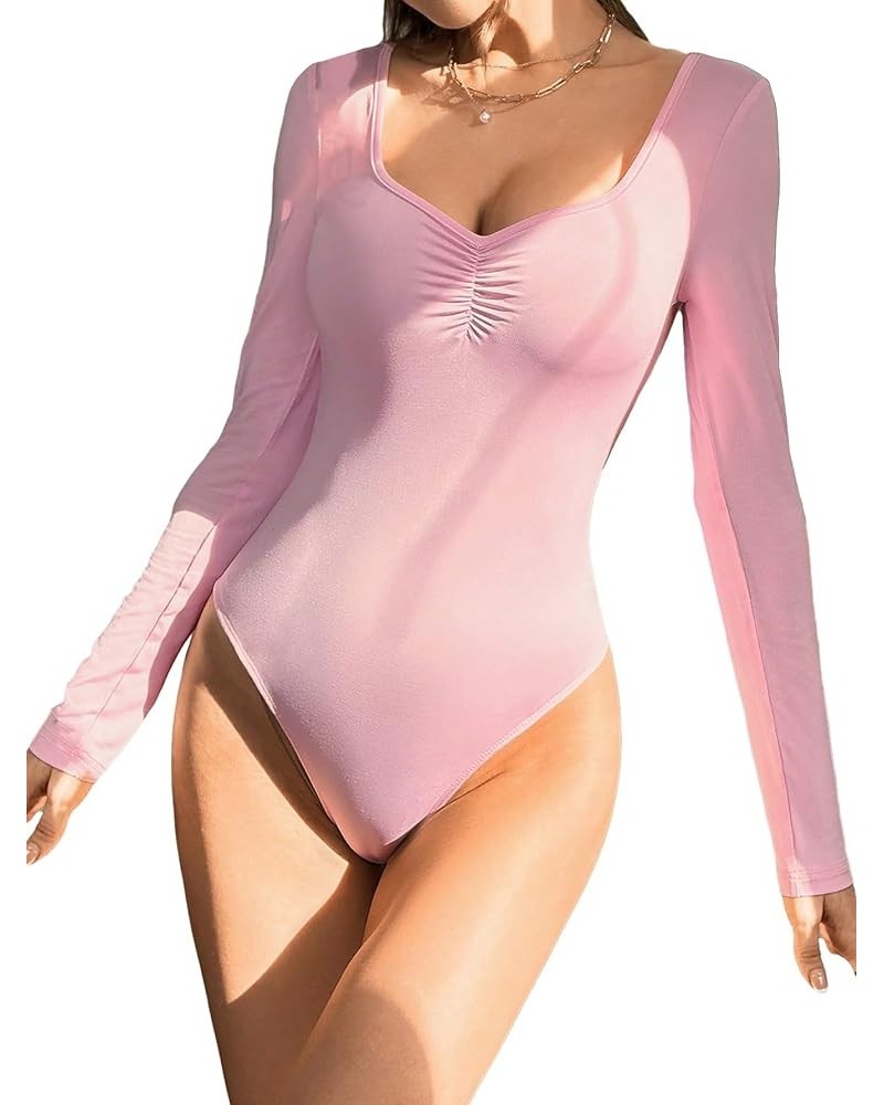 Women's Casual Solid Sweetheart Neck Slim Fit Bodysuits Long Sleeve Ruched Bust Tops Tee Shirt Pink $14.03 Bodysuits