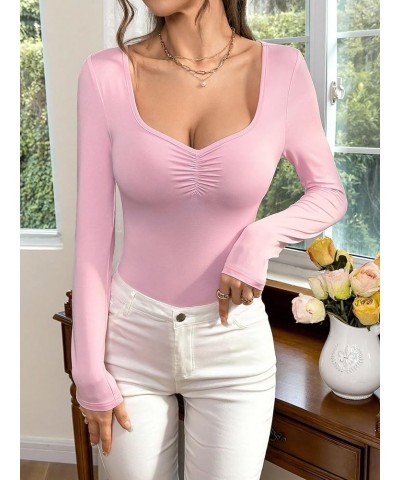 Women's Casual Solid Sweetheart Neck Slim Fit Bodysuits Long Sleeve Ruched Bust Tops Tee Shirt Pink $14.03 Bodysuits