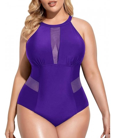 Plus Size One Piece Swimsuit for Women High Neck Plunge Mesh Cut Out Bathing Suits Violet $20.07 Swimsuits