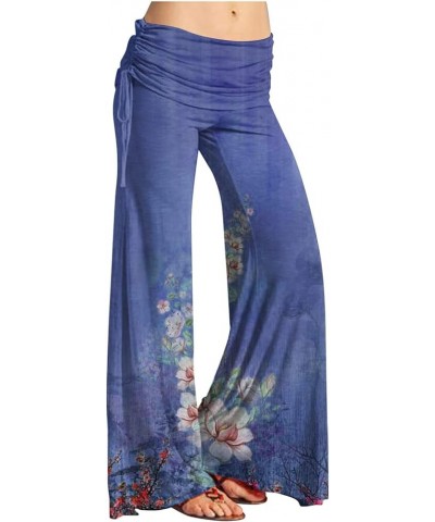 Women's Summer Vintage Print Wide Leg Pants Casual Flared Drawstring Trousers Elastic High Waist Palazzo Pants 3-dark Blue $1...