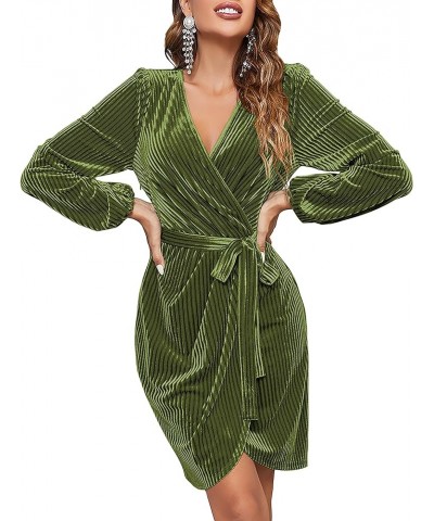 Women's 2024 Long Sleeve Wrap Velvet Mini Dress Sexy V Neck Cocktail Party Club Dress Olive $26.32 Dresses