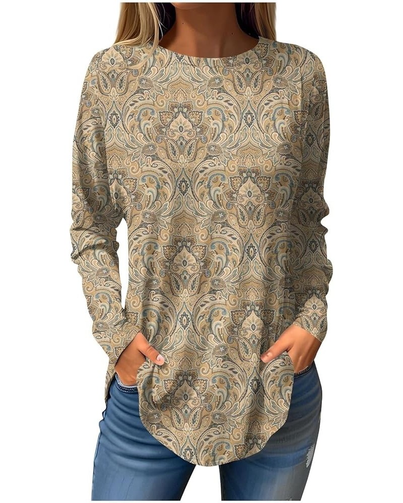 Womens Tops Trendy Long Sleeve Loose Blouse Round Neck Pullover Casual T Shirts Floral Printing Fall Sweatshirt 3-khaki $9.85...