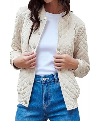 Womens Winter Quilted Bomber Jacket Long Sleeve Button Down Outerwear Trendy Casual Coats With Pockets Beige $25.49 Jackets