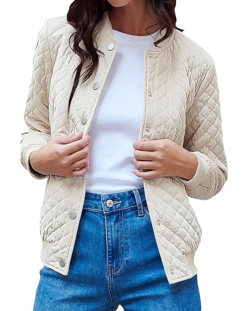 Womens Winter Quilted Bomber Jacket Long Sleeve Button Down Outerwear Trendy Casual Coats With Pockets Beige $25.49 Jackets