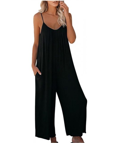 women's sleeveless wide-leg jumpsuit spaghetti strap v neck romper solid color overalls casual summer jumper Black $9.89 Jump...