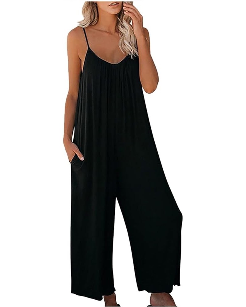 women's sleeveless wide-leg jumpsuit spaghetti strap v neck romper solid color overalls casual summer jumper Black $9.89 Jump...