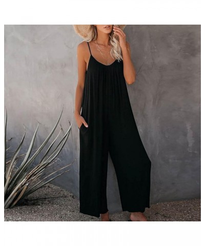 women's sleeveless wide-leg jumpsuit spaghetti strap v neck romper solid color overalls casual summer jumper Black $9.89 Jump...