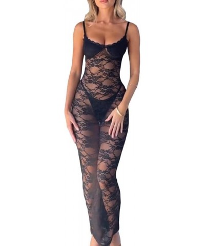 Women Y2k Spaghetti Strap Maxi Dress Vintage Lace Sheer Bodycon Long Dress See Through Sleeveless Backless Cover Up 23m23blac...