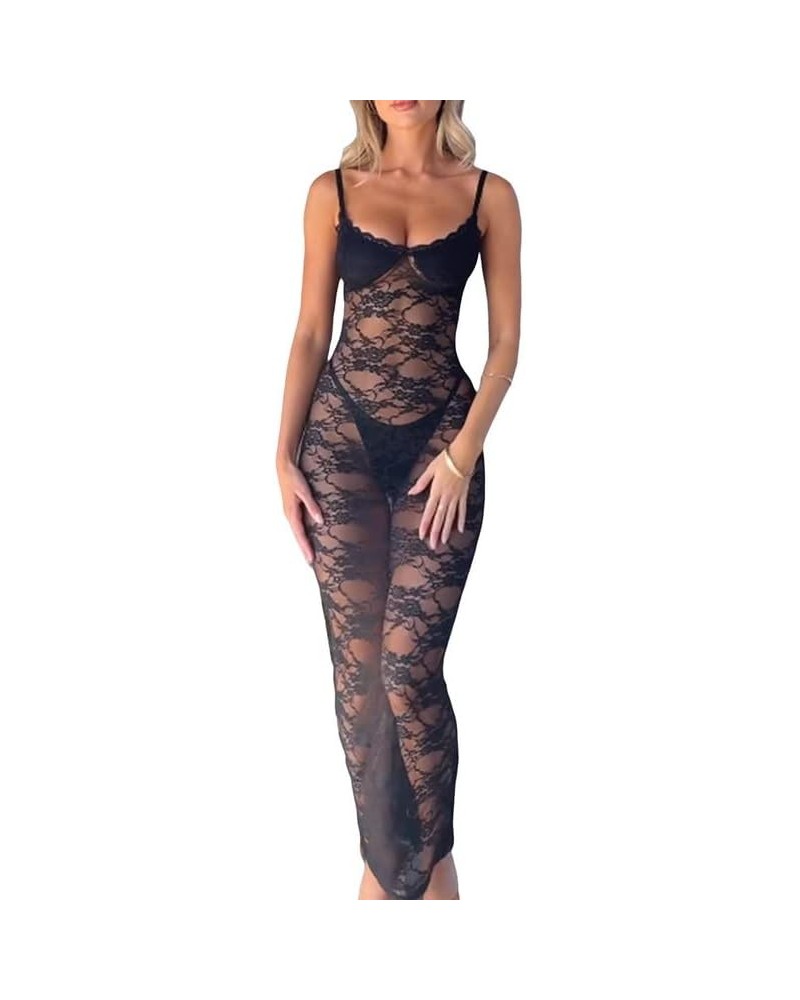 Women Y2k Spaghetti Strap Maxi Dress Vintage Lace Sheer Bodycon Long Dress See Through Sleeveless Backless Cover Up 23m23blac...