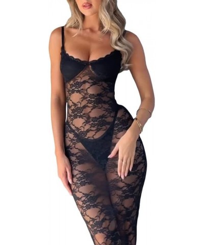 Women Y2k Spaghetti Strap Maxi Dress Vintage Lace Sheer Bodycon Long Dress See Through Sleeveless Backless Cover Up 23m23blac...