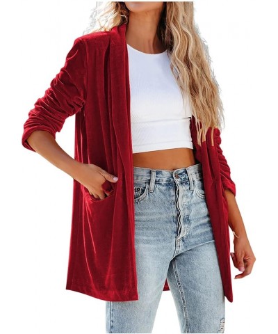 Women's Long Velvet Cardigan Jacket Casual Long Sleeve Open Front Velour Coat Shawl Lapel Duster Outwear with Pockets Wine $1...